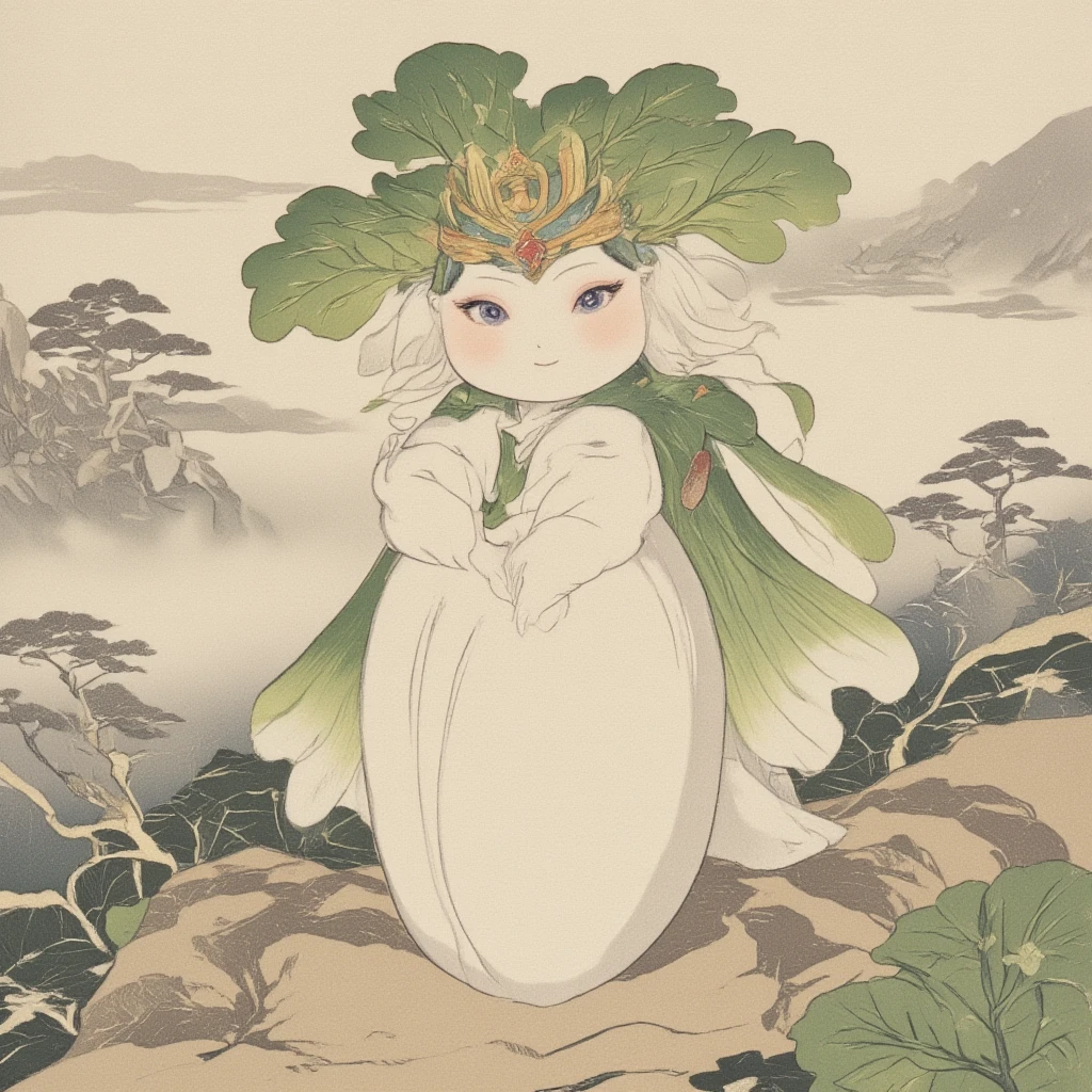  Imagine a character that embodies the spirit of a mountain god as depicted in ancient Japanese texts such as the Kojiki, but in the form of an adorable daikon, illustrated in a traditional ukiyo-e style. This daikon character wears a regal crown made of large green leaves and is dressed in garments that blend shades of white and green. Its body maintains a smooth, elongated daikon shape, accentuated with subtle shaded lines that highlight its form. The character possesses large, captivating violet eyes that exude wisdom and kindness, accompanied by a serene smile. Set against a backdrop that features rolling Japanese mountains adorned with sculptural trees, the scene is enveloped in a misty aura, adding to the mystique while simultaneously creating an inviting and gentle atmosphere. The character's white daikon skin is delicately shaded, presenting an intricate and polished ukiyo-e touch, imbued with both grandeur and softness, encapsulating the timeless beauty of the mountain god in a daikon's charm.