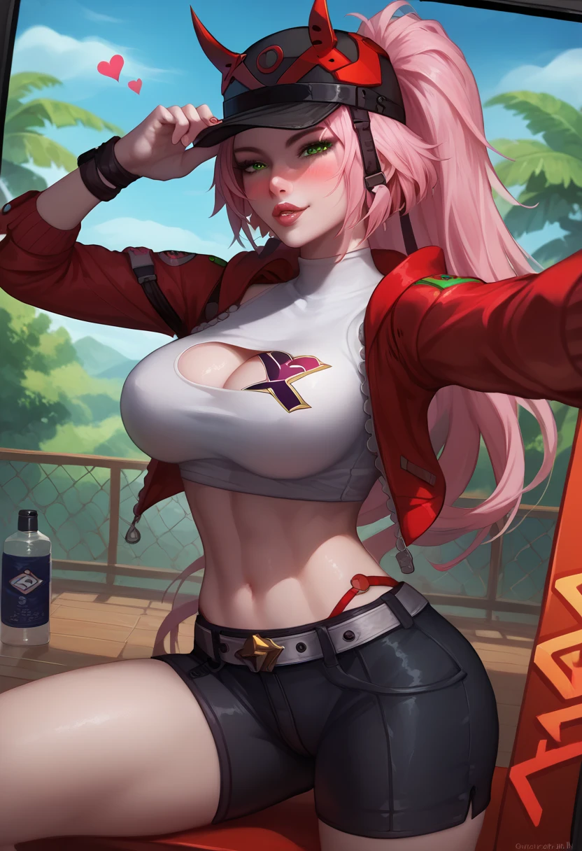 score_9,score_8_up,score_7_up,score_6_up BREAK, rappa_hsr, pink hair, ponytail, long hair, green eyes, hat, baseball cap, fake horns, perfect eyes, detailed face, hourglass body, firm body, perfect BIG breasts, white top, BIG breasts, ninja girl, naked, long legs, black shorts, assimetric red jacket, blush, glowing skin, glowing body, solo, seductive expressive, focus on woman, high detail, perfect face, selfie, sexy, bedroom, sexy, hearts, looking at viewer, hot, GOLDEN SHURIKEN,