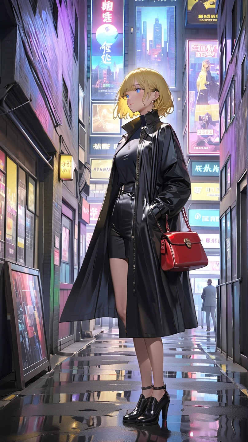  High Definition 、４k, top quality ,( beautiful adult woman wearing a black shiny long coat),( short boyish hair 、bright yellow hair ),(The high-collared , tight long coat looking up into the distance )、Tall、 slim、 Long Coat that goes below the knee 、Black gloves、Black slacks、Black leather shoes、( A beautiful woman in a black shiny long coat with a bright red enamel handbag ),( yellow hair、 shortcuts、 blue eyes), Side Shot 、 Long Shot 、Photograph the whole body、 gaze is upward 、I'm looking up into the distance、 The Eyes of a Calm Hunter 、( Night City in the Background 、 The Shady City 、the way、Neon Light)、 disturbing air、 bright color contrast、masterpiece