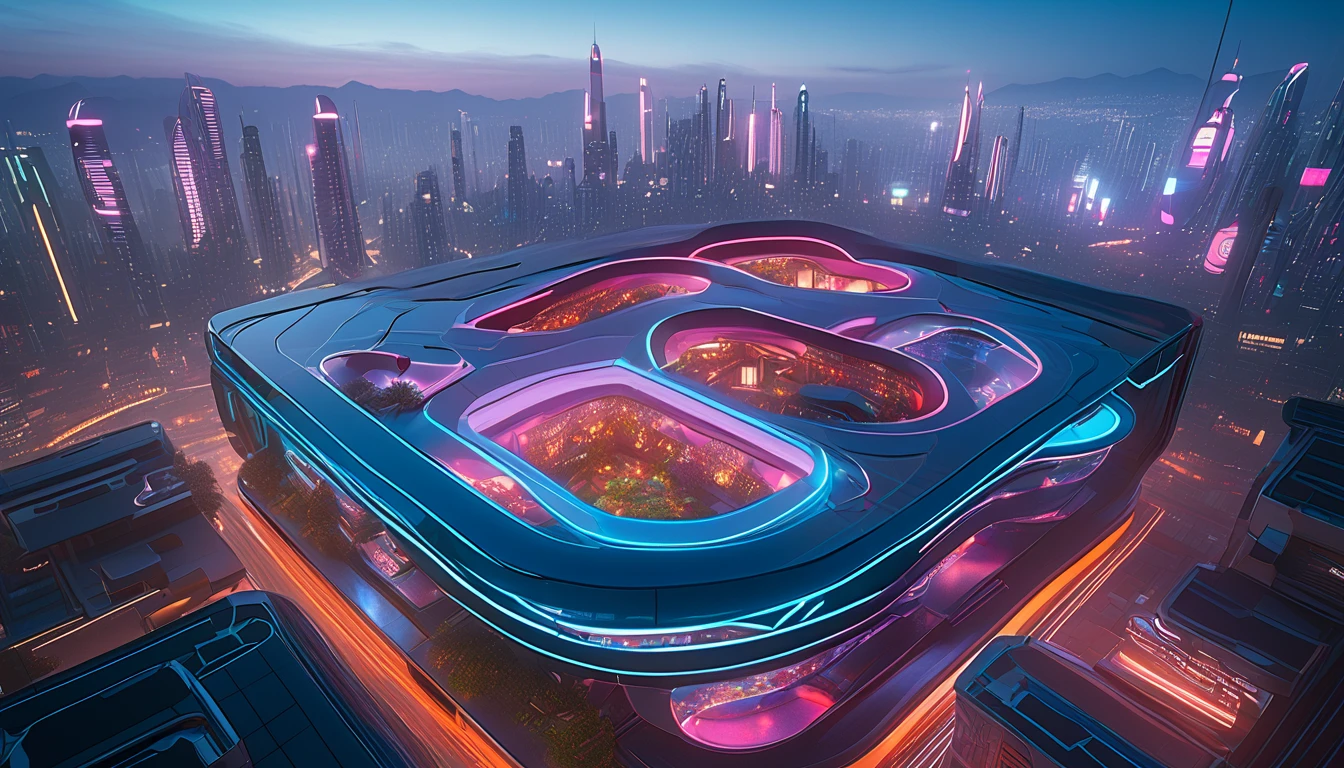 UHD photograph, 8k, absurdres, Create a futuristic sci-fi cityscape with sleek, stylish architecture that features gorgeous curves and fluid designs. Include flying vehicles navigating through the sky. The city should have hanging gardens, an abundance of shiny black solar panels integrated into the buildings, and extensive use of mirrored glass. (Set the scene at sunset with a fiery sky to enhance the dramatic atmospher and the crescent moon already visible):2 (Blade Runner meets Tron Legacy in the mix of archictecture and aesthetic):2, ((captured with a Canon EOS R5 Mark II) on 35mm film)(drone shot, rooftop high-angle)