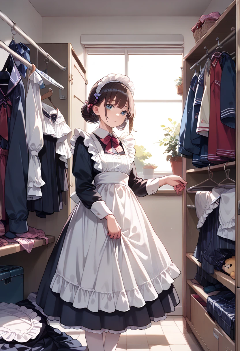 ((masterpiece, best quality, ultra detailed, high resolution, detailed facial description)), (1 girl:1.3), (underwear only:1.3, frilled lace underwear:1.1), (undress:1.3, Changing clothes:1.3), (closet, Maid uniform on a hanger), (A view from inside the closet)