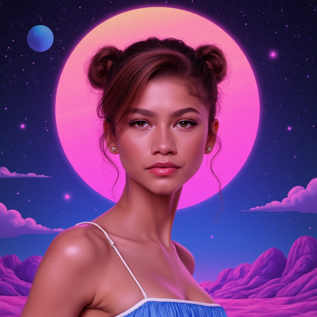 Vaporwave style. Art by Lois Van Baarle. Waist-up 25-year-old girl with and space buns. Retro aesthetic, cyberpunk, vibrant, neon colors, vintage 80s and 90s style, highly detailed, graphic illustration, graphic novel art, vibrant, cover art, dreamy, vector illustration, 2d flat, centered, by Tim Burton, professional, sleek, perfect composition, beautiful detailed intricate insanely detailed octane render trending on artstation, 8k