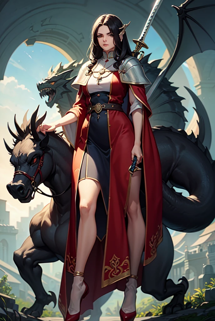 The realistic representation of the chess priestess with anthropomorphic features and armed with a sword and medieval armor, heroic pose, with legs female crosier riding a dragon