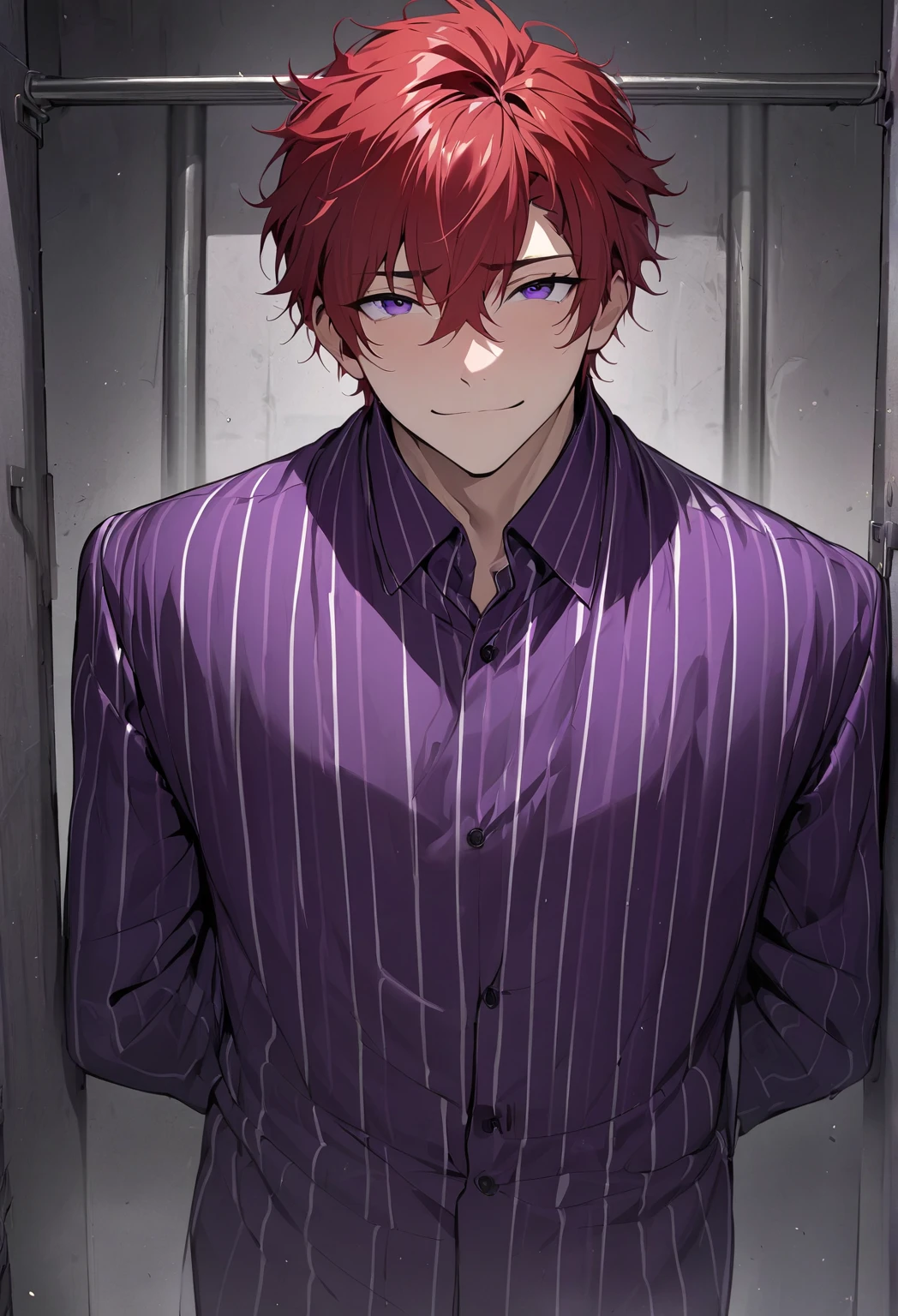 (Masterpiece, high resolution, best quality), solo, 1 boy, 20-years old man, handsome face, red hair, dark purple eyes, Purple striped suit, looking at viewer, solitary confinement in a mental hospital, handsome face, hentai smile, amorous