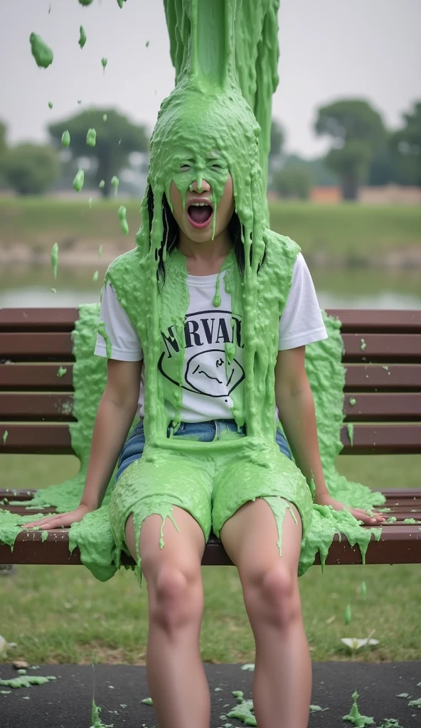 Amateur photograph. Korean teen covered in green water. Photorealistic. Wet liquid. Nasty slime. Raw photo. Wearing nirvana T-shirt. Wearing Jean shorts. Sitting on Park bench. Green Slime. Dripping green goo. 18 years old. Korean teen. Flash photograph. Wet green liquid. Slight over exposure. Point and shoot camera. Korean face. Motion blur. (Avalanche of green water gushes on her head, green water splash: 1.2). Shouting. Screaming. Sad.