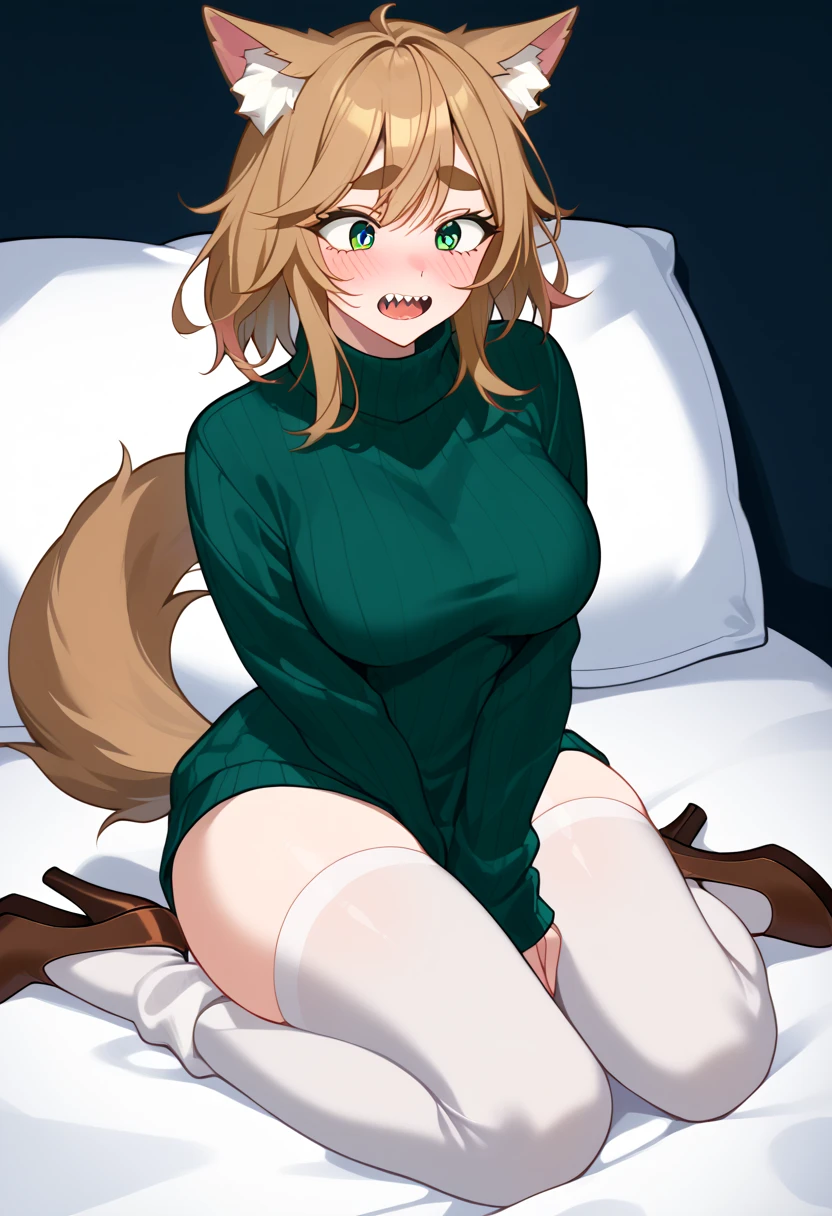 (UHD, best quality,  highres icon), 1girl, curvy, pale, short blonde fluffy hair, Thick eyebrows, sharp teeth, brown heels, light brown shoes, Mary Jane heels, leg warmers, white wool leg warmers, thigh highs, stockings, white stockings, green sweater, sage green sweeter, large sweater, silver jewelry, long lashes, green eyes, wolf ears, wolf tail, sitting on a bed, embarrassed, blushing, nervous, flustered