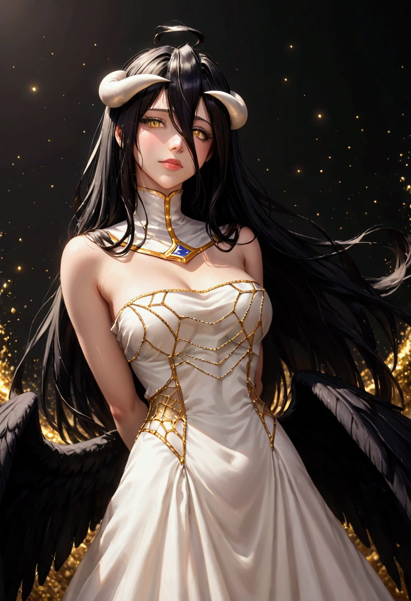 A high resolution, Sharp focus, Pixiv masterpiece, ((Intricate details)), Highly detailed, 1girl, Black wings, Gold-white dress, White horns, Albedo_Overlord, Black hair, (Low wing,:1.1), Upper body, black background, gold dust, gold sparks, gold particles, ((arms behind back)), 