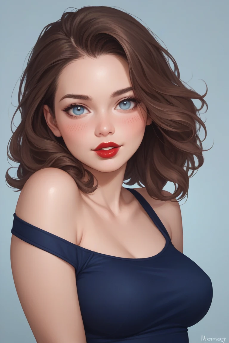 Realistic_style. A beatiful young european girl.  20 years old. Medium lenght hair.  Mahonagy brown hair.  Blushing cheeks.  Slightly open lips. Glossy red lips. Blue-grey eyes, Lively eyes. she has a nery nice and innocent erotic face. She is very lascivious. Has a lustful look. She is looking at viewer with a sexy look. Is wearing a tight white croptop. High quality.  