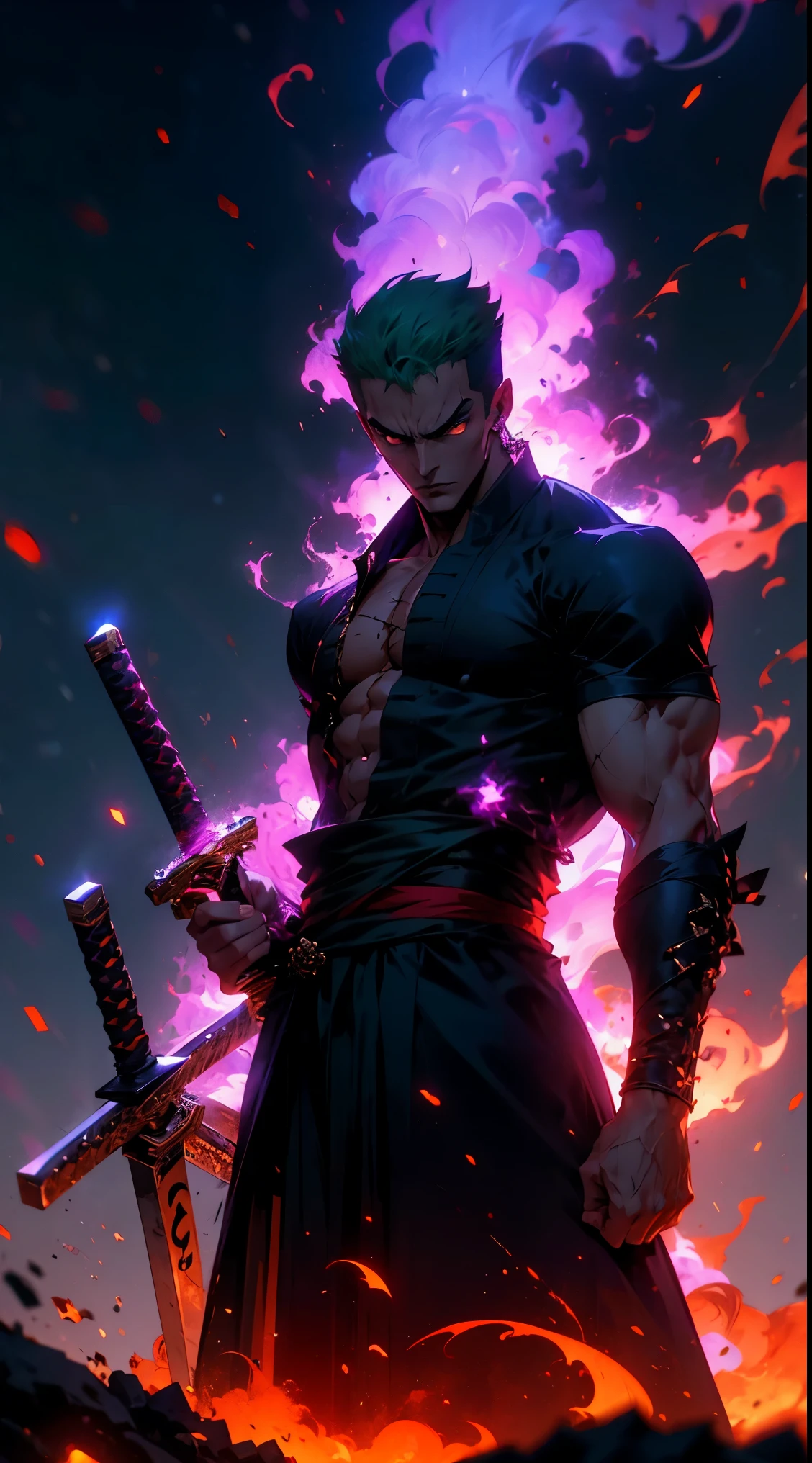 **(best quality, highres:1.2, ultra-detailed, realistic:1.37)**, anime-style portrait of **Roronoa Zoro** from *One Piece*, standing with intense focus as **purple flame Haki-energy** radiates from his katana. Zoro’s expression is fierce, with a detailed scar over his left eye, wild green hair, and a muscular build emphasized by dynamic lighting. He bites a katana hilt angled right, while two swords rest sheathed at his waist. **Vivid purple Haki flames** swirl energetically around the blade, creating a dynamic, cinematic effect. A serene Japanese landscape contrasts with the power of his **Haki aura**. Rendered in the **style of Wit Studio**.