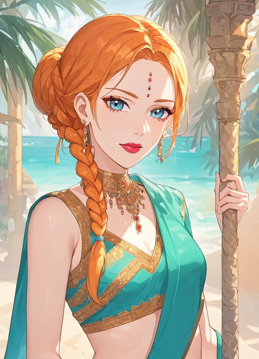 summer.smith, orange hair, 1girl, braid, bun,eyeshadow,lipstick,bindi, saree,,score_9, score_8_up, score_7_up, score_6_up, score_5_up, score_4_up,abs