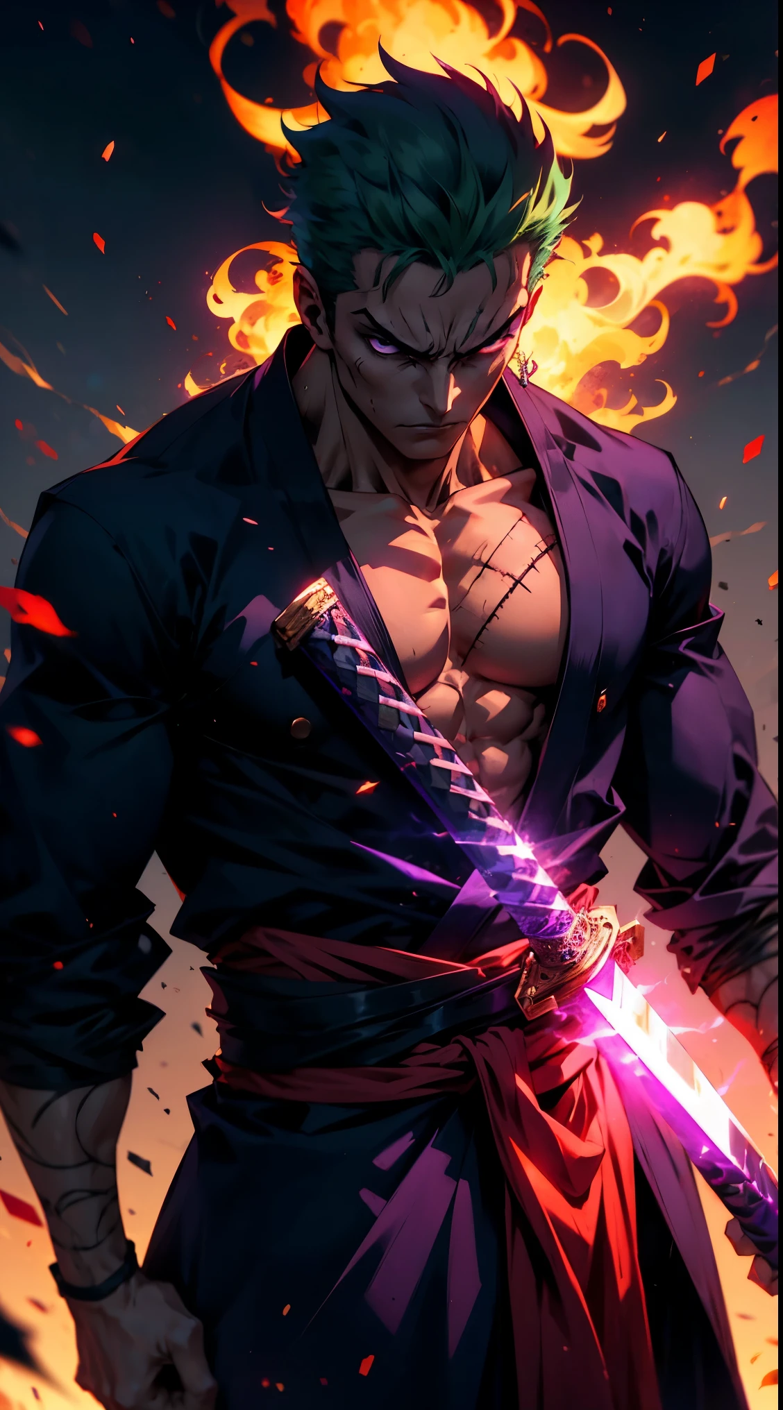 **(best quality, highres:1.2, ultra-detailed, realistic:1.37)**, anime-style portrait of **Roronoa Zoro** from *One Piece*, standing with intense focus as **purple flame Haki-energy** radiates from his katana. Zoro’s expression is fierce, with a detailed scar over his left eye, wild green hair, and a muscular build emphasized by dynamic lighting. He bites a katana hilt angled right, while two swords rest sheathed at his waist. **Vivid purple Haki flames** swirl energetically around the blade, creating a dynamic, cinematic effect. A serene Japanese landscape contrasts with the power of his **Haki aura**. Rendered in the **style of Wit Studio**.