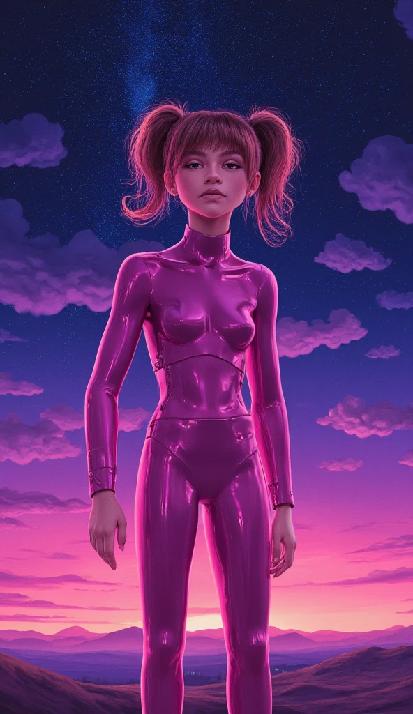 Vaporwave style. Art by Lois Van Baarle. Waist-up 25-year-old girl with and space buns. Retro aesthetic, cyberpunk, vibrant, neon colors, vintage 80s and 90s style, highly detailed, graphic illustration, graphic novel art, vibrant, cover art, dreamy, vector illustration, 2d flat, centered, by Tim Burton, professional, sleek, perfect composition, beautiful detailed intricate insanely detailed octane render trending on artstation, 8k