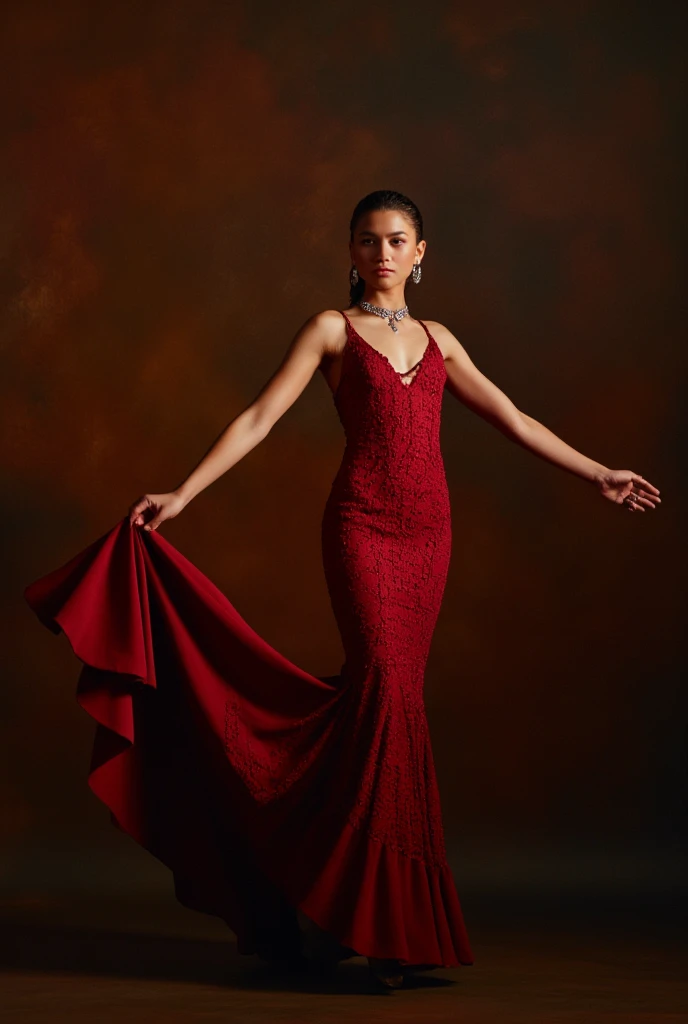 (zendaya:1.3) gorgeous, sexy flamenco dancer, perfect body shape, beautiful and perfect face, beautiful brown eyes, large boobs, wearing beautiful stylish flamenco  costume outfit, dark painted background, spot lighting