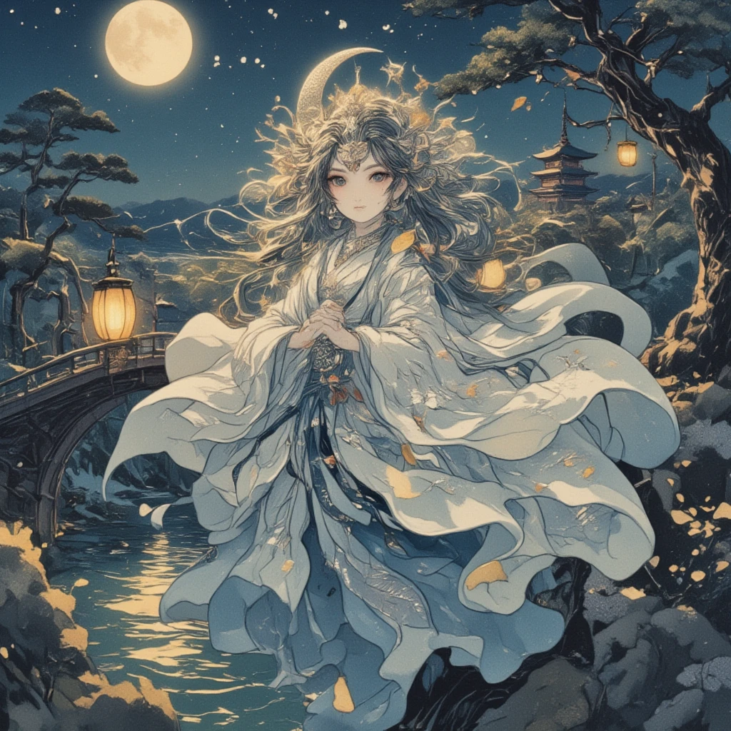 Design a mystical daikon character portrayed as a Moonlit Deity in a classic ukiyo-e illustration. (This daikon character encapsulates serenity and mystery, with large, gentle eyes reflecting the moon's glow. It is adorned in a flowing robe styled after traditional Japanese garments, with patterns of rolling waves and silver stars woven through the indigo fabric, mirroring the ethereal light of the night sky. Upon the daikon’s head rests a headdress echoing the shape of a crescent moon, encrusted with tiny, shimmering gemstones. The character floats amidst an intricate landscape of pine trees that seem to reach out to the illuminated night, a gentle river beneath rippling under sakura petals drifting silently on its surface. A bridge arches across the backdrop, linking ancient temples whose pagoda rooftops peek above the treeline. Soft, curling lines in varying shades of night blues and pearly whites dominate the scene, capturing the tranquil essence of a moonlit night in an evocative ukiyo-e blend. Lanterns, bobbing softly with the night breeze, add a touch of warmth through their soft yellow glow. This portrayal emphasizes elegance and tranquility, with each detail carefully curated to maintain the illusion of a divine presence within the enchanting world of a moonlit ukiyo-e landscape.)