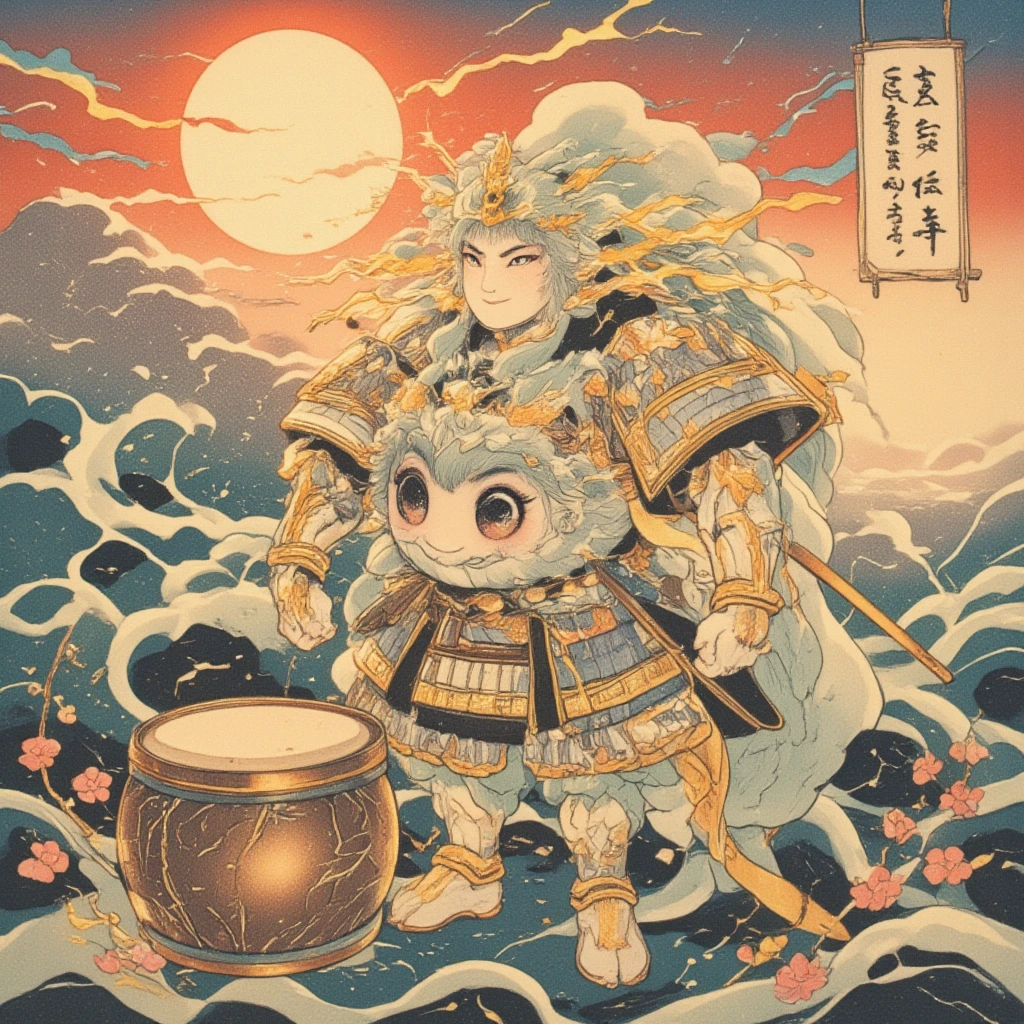 Create an ukiyo-e styled illustration featuring an adorable daikon character embodying a Thunder Deity. (The daikon character should possess a distinctly cute and playful appearance, with its body resembling a classic daikon radish shape but with expressive eyes and a cheerful demeanor. It should be dressed in traditional Japanese divine warrior attire, complete with ornate armor that incorporates lightning motifs in gold and silver. Atop the daikon's head, design a crown that mimics a storm cloud, with miniature lightning bolts emitting from its edges. This daikon deity is positioned against a backdrop of rolling thunderclouds with gentle, stylized rain swirling around it. The setting sun casts warm tones over the scene, resembling the rich and vibrant color palettes seen in authentic ukiyo-e prints. Integrate elements like a taiko drum and bachi sticks at the daikon's side, symbolizing its command over thunderous sounds, and include traditional Japanese calligraphy of the character's name hanging from the air as cherry blossoms whirl around, enhancing the sense of mystical and cultural depth. The overall tone should be harmonious, blending the whimsy of a daikon character with the majesty of a divine figure, inviting observers to appreciate the playful yet reverent depiction as a fusion of traditional art with modern imagination.)
