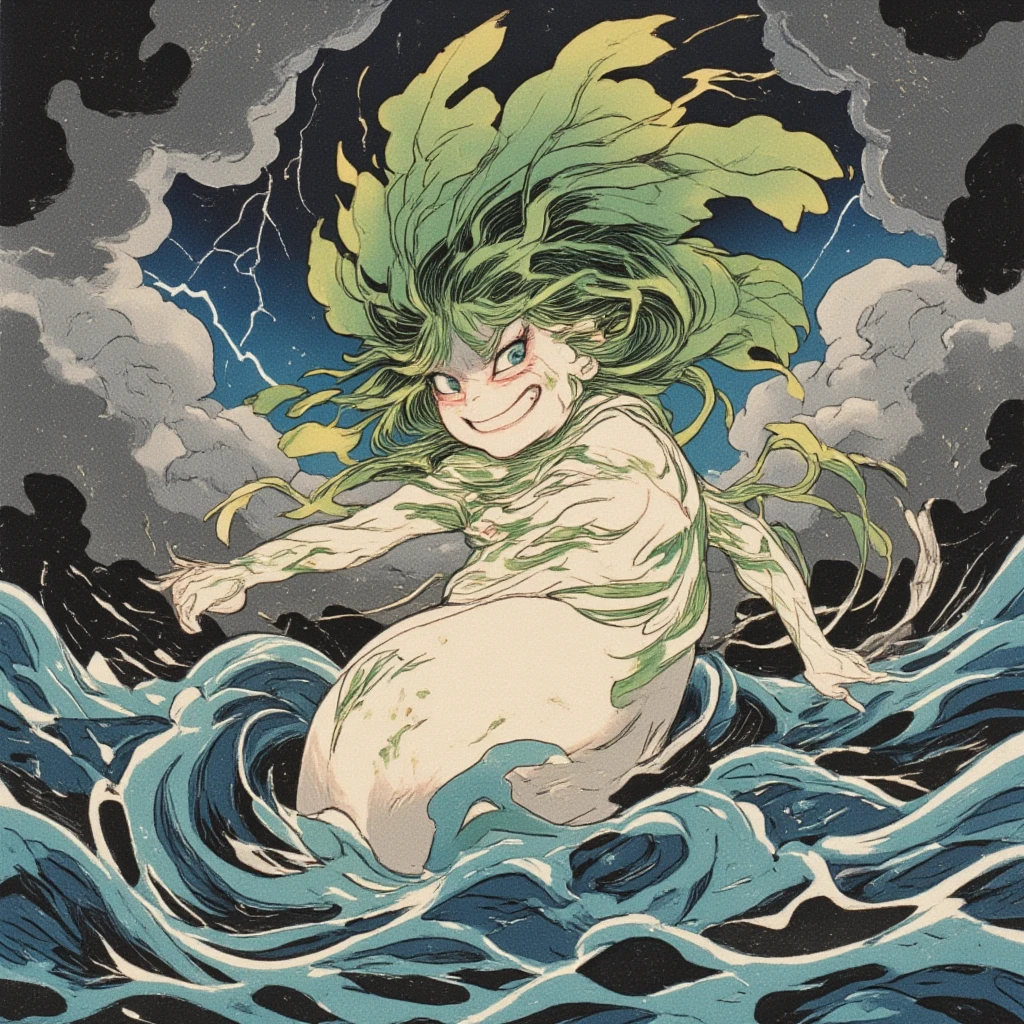 Design a striking ukiyo-e illustration of a daikon character inspired by Susanowo, the storm god from Shinto mythology. This character embodies the wild and untamed nature of storms, showcasing a daikon with an audacious and spirited demeanor. The character's form includes winding, wave-like lines mimicking stormy seas and swirling winds, and its leafy top is shaped into dynamic, wind-cut patterns. Emerging from a tempestuous background of dark, roiling clouds and sporadic lightning flashes, this daikon deity emanates power and mischief. Facial features reflect a playful yet rebellious attitude, symbolizing the unpredictable spirit of Susanowo. Utilize a color scheme of deep blues, silver grays, and vibrant greens, emphasizing the intensity and drama of the stormy theme. In this artwork, balance traditional ukiyo-e style with imaginative storytelling to create a compelling narrative of a mythical daikon character wielding the awe-inspiring power of nature.