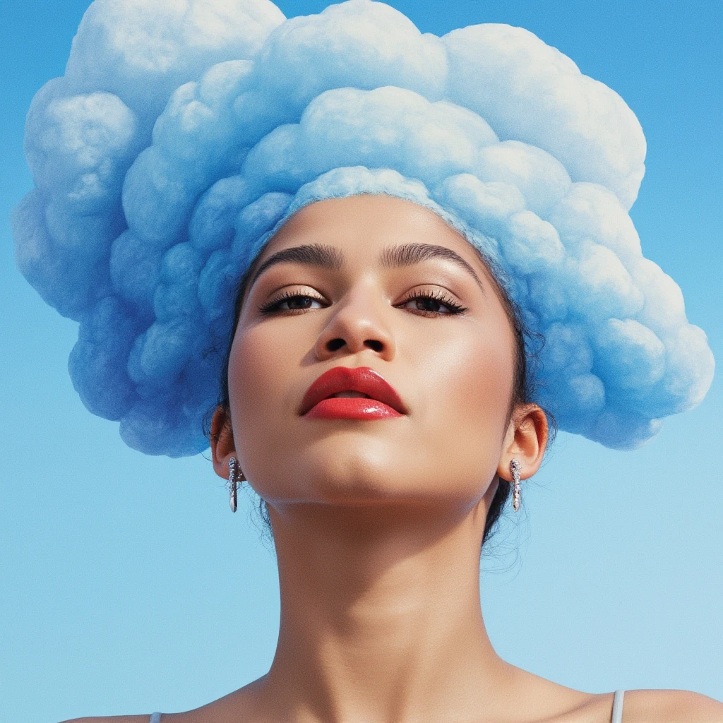 (zendaya:1.3)  "head in the clouds", very close-up, woman’s face, facing the sky, squinted eyes rigged blue perfect red mouth, perfect watercolor features, surreal,  Salvador Dali style, trend on artstation, sharp fire, photo studio, Intricate details, highly detailed, by Greg Rutkowski