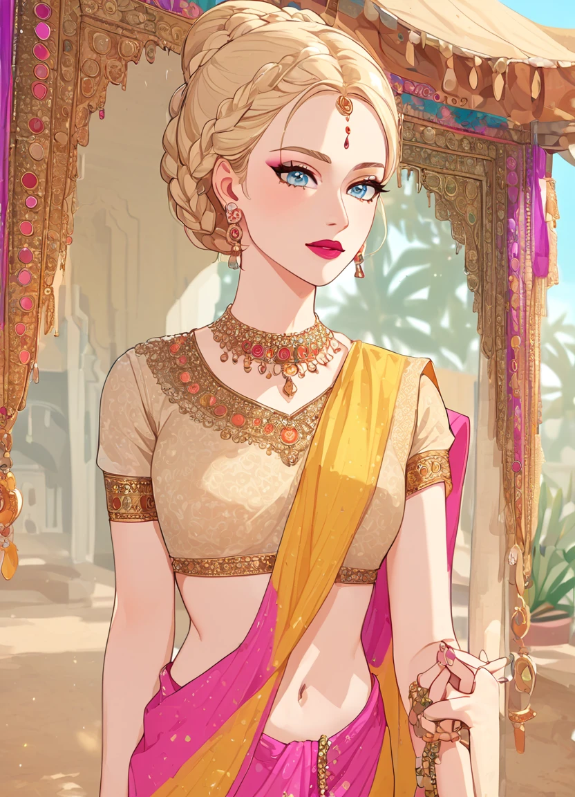 summer.smith, blonde hair, 1girl, braid, bun,eyeshadow,lipstick,bindi, saree,