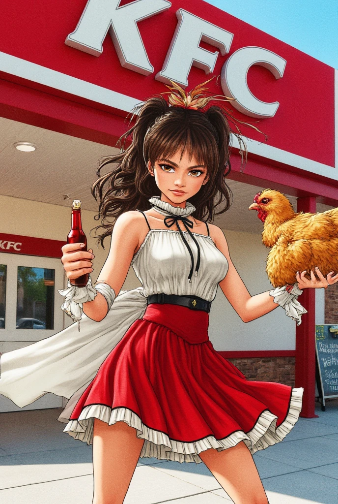 (zendaya:1.3)  Close-up of an angry whimsical samurai woman holding one chicken standing in front of a (KFC) shop, brightly colored, comical, anime influence, highly detailed, Watercolor, trending on artstation, sharp focus, studio photo, intricate details, highly detailed, by greg rutkowski, Miki Asai Macro photography, close-up, hyper detailed, trending on artstation, sharp focus, studio photo, intricate details, highly detailed, by greg rutkowski