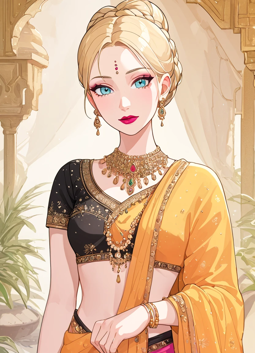 summer.smith, blonde hair, 1girl, braid, bun,eyeshadow,lipstick,bindi, saree,