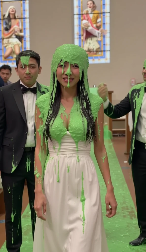 8k, hd, masterpiece, hyper realistic, super detailed, extreme realism, photo realistic, (Canon50: 1.3), (Chinese model moaning in pain: 1.9), Asian woman, wedding dress, white lace dress, (inside church: 1.9), wedding church, walking down aisle, cleavage, beautiful face, delicate eyes, detailed face, (wet slime dripping down woman: 1.5)