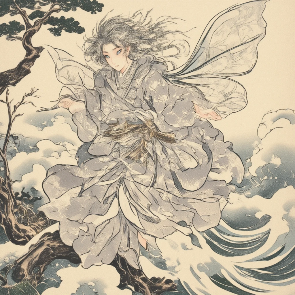 Envision a daikon character symbolizing the essence of the wind god, captured in the timeless aesthetics of ukiyo-e, rooted in the ancient narratives found in the Kojiki. This celestial daikon figure is draped in garments that seem to glide through the air like silver, complemented by hair that appears to dance freely in the gusts of wind. It possesses translucent wings, each surface marked with delicate wind patterns that suggest movement and grace. Its eyes are a sharp, silvery hue, gazing intently into the distance, bestowing upon the character an aura of divine presence. The scene is set against an ukiyo-e background of swirling clouds and bending trees, detailed to exhibit the dynamic flow of wind through nature, capturing both its power and serenity. The artistry intricately conveys the majestic and ephemeral nature of the wind god, with the character’s embodiment in the humble form of a daikon adding a charmingly unexpected yet fitting tribute to the divine in Japanese culture.