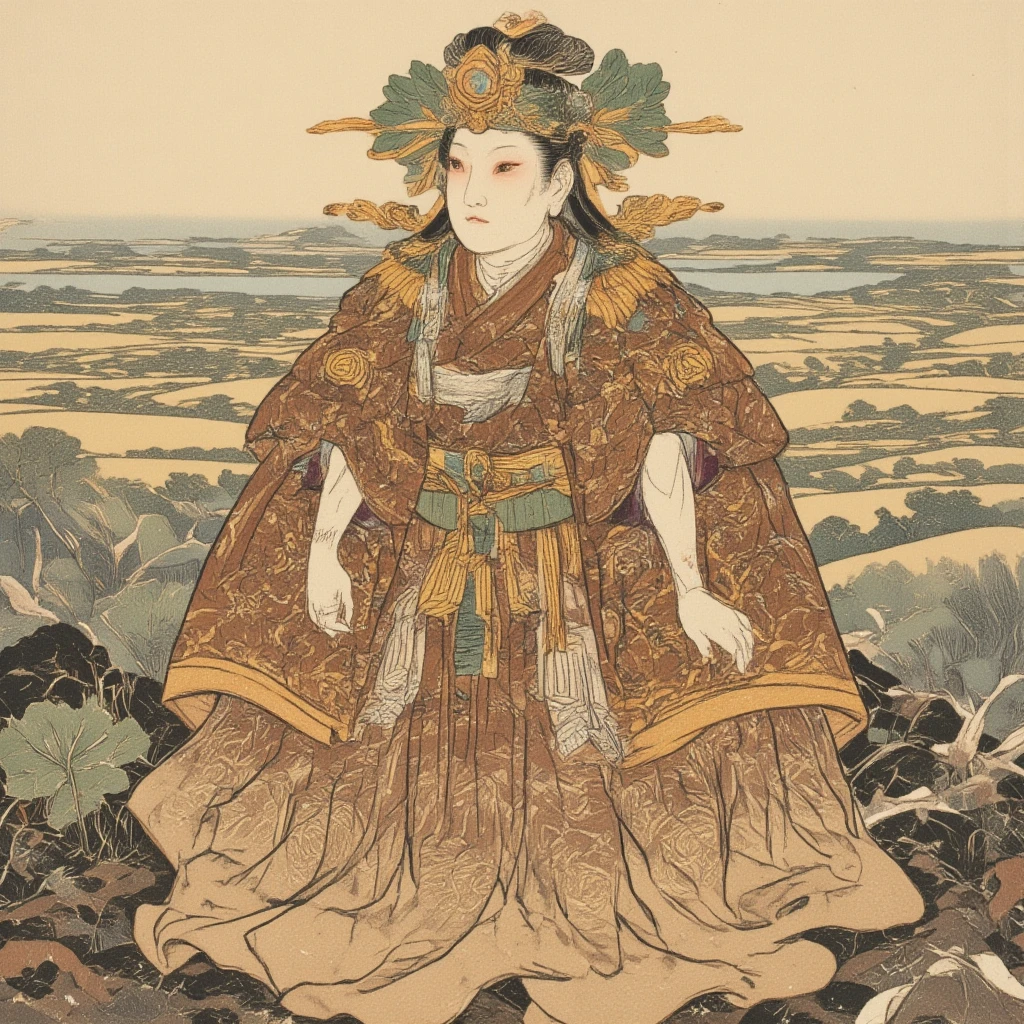 Illustrate a daikon character symbolizing the deity of the earth, rendered in the classic ukiyo-e art form inspired by timeless tales such as the Kojiki. This formidable earth god daikon dons attire in rich browns and golden hues, representing the fertile bounty of the land. The lower part of this garment seamlessly transitions into what appears to be a skirt of soil, detailed with intricate patterns resembling the surface of the earth itself. Its skin, as pure and white as a daikon, embodies the nourishing and sustaining qualities of the soil, with a robust and wholesome appearance. The character's eyes, a warm amber, reflect the generosity of the earth's gifts, offering a sense of comfort and abundance. The scene is set against a sprawling rural landscape painted in ukiyo-e style, where fields stretch far and wide, symbolizing bountiful harvests and the cycle of life. This illustration captures both the humble elegance and the profound significance of the earth deity, celebrated in the cultural narratives of Japan, and its expression through the charming figure of a daikon.