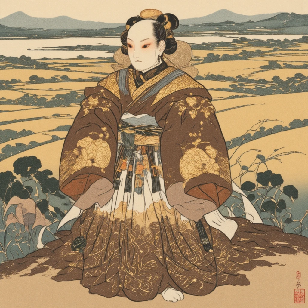 Illustrate a daikon character symbolizing the deity of the earth, rendered in the classic ukiyo-e art form inspired by timeless tales such as the Kojiki. This formidable earth god daikon dons attire in rich browns and golden hues, representing the fertile bounty of the land. The lower part of this garment seamlessly transitions into what appears to be a skirt of soil, detailed with intricate patterns resembling the surface of the earth itself. Its skin, as pure and white as a daikon, embodies the nourishing and sustaining qualities of the soil, with a robust and wholesome appearance. The character's eyes, a warm amber, reflect the generosity of the earth's gifts, offering a sense of comfort and abundance. The scene is set against a sprawling rural landscape painted in ukiyo-e style, where fields stretch far and wide, symbolizing bountiful harvests and the cycle of life. This illustration captures both the humble elegance and the profound significance of the earth deity, celebrated in the cultural narratives of Japan, and its expression through the charming figure of a daikon.