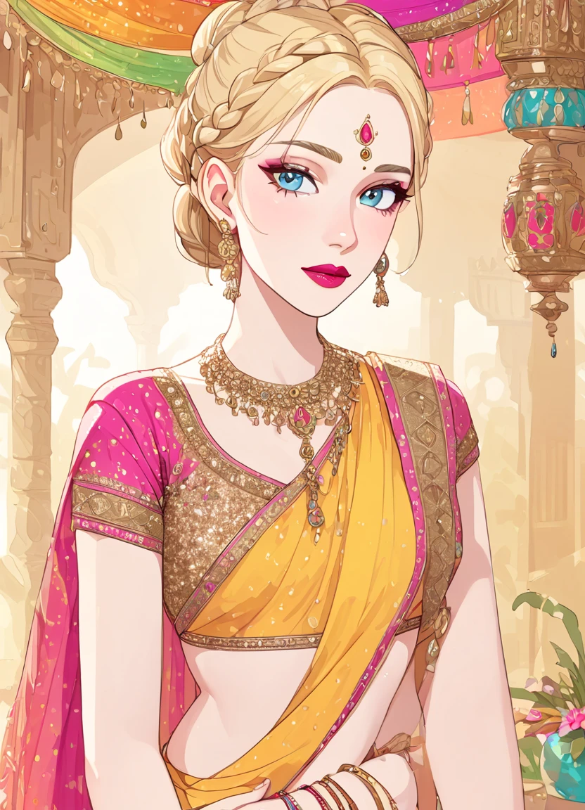 summer.smith, blonde hair, 1girl, braid, bun,eyeshadow,lipstick,bindi, saree,