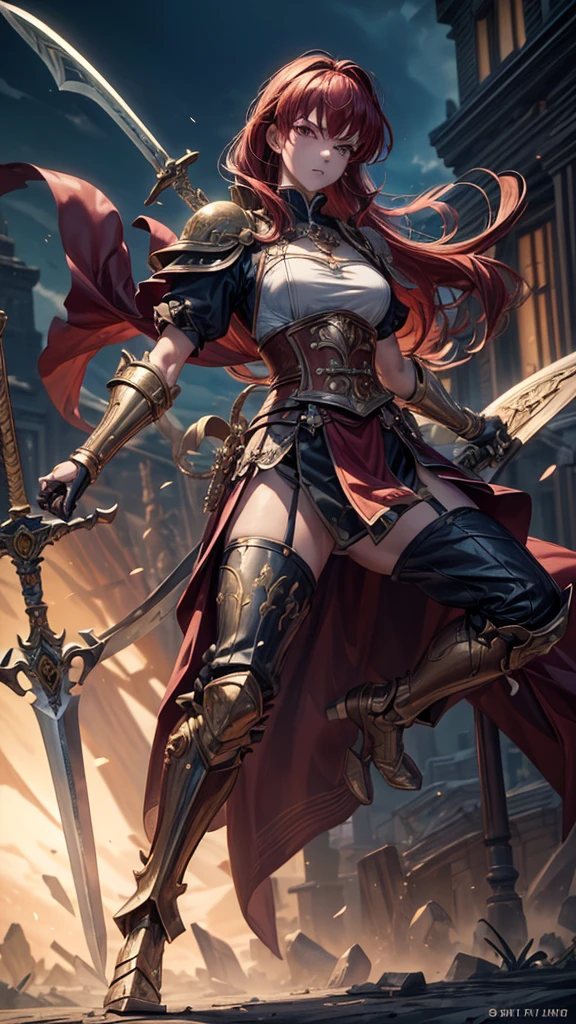 (masterpiece, 4K ,Super detailed:1.2), (anime:1), (Perfect quality), The whole body is shown, View Viewer, Holding a sword, ponytail, Muscular and ultra violent women, Powerfully々And, epic female swordsman, RPG concept art character, Armor dress