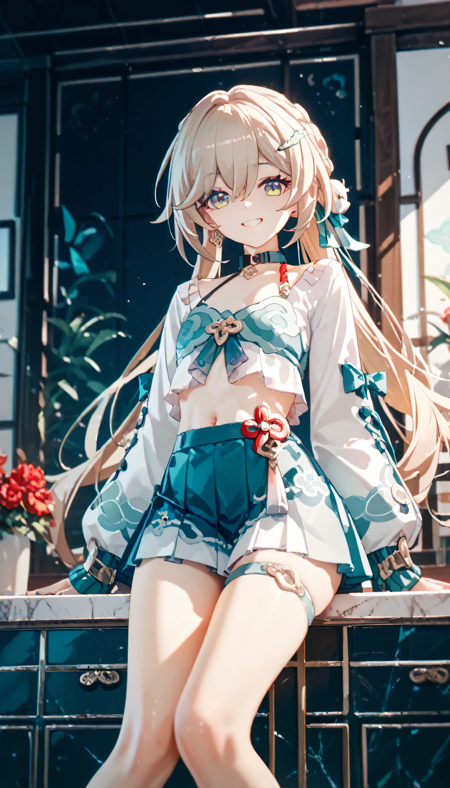  qingque, honkai star rail, Place a tile、Happy smile,  Ocher Hair、flat chest,skinny body、 short skirt 、 Long Sleeve 、Belly button