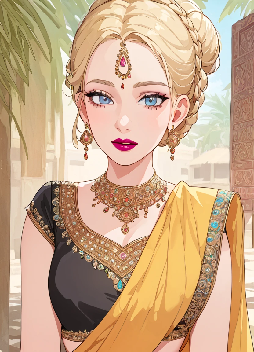 summer.smith, blonde hair, 1girl, braid, bun,eyeshadow,lipstick,bindi, saree,