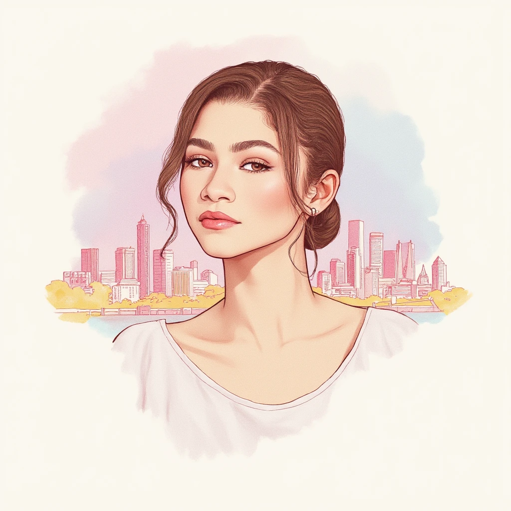 (zendaya:1.3) One line drawing of kawaii young lady, (slim:1.3), elegant simplicity, minimal detailing, limited vibrant color palette, serene expressions, peaceful introspection, watercolor metropolis background, subtle washes of pastel colors, modern Nordic design, understated elegance, simplicity and purity, tranquil atmosphere, digital painting, ultra fine.