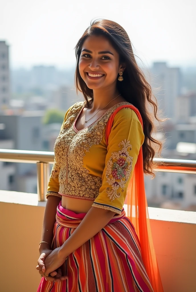 wide hips, low angle, front view, beautiful face, sharp focus, detailed skin, golden hour, skirt, shirt , Indian, photo realistic, cinematic, (highly detailed face:1.4), (smile:0.7), (editorial photograph of a 21 year old Indian woman),