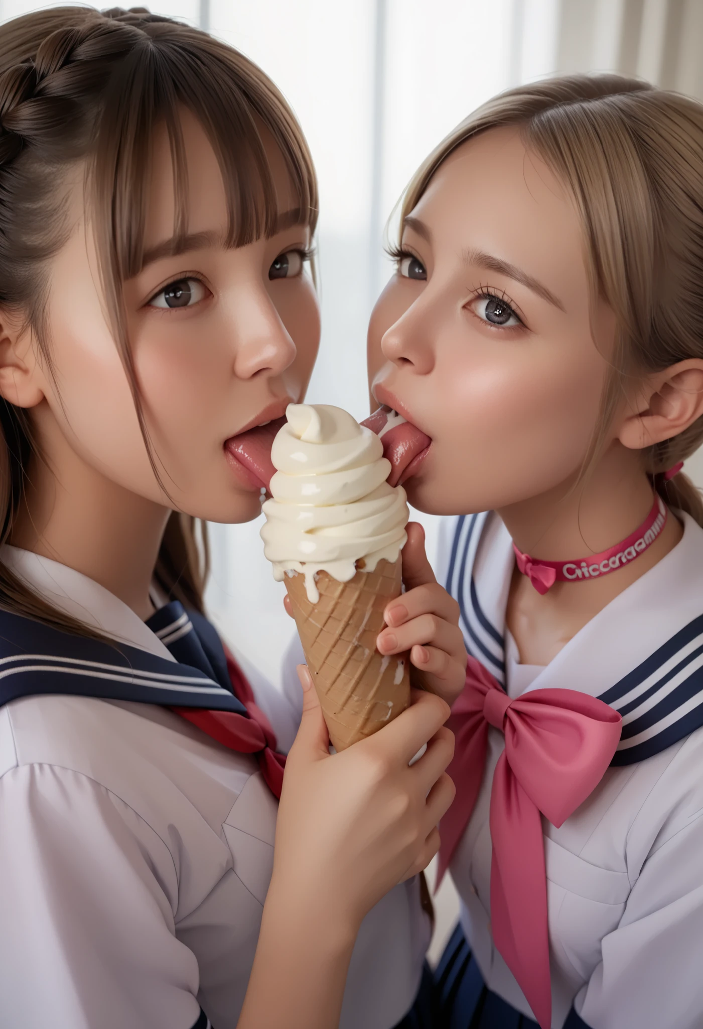 Safe content、(((non NSFW,)))2girls,innocent face,innocent cute face,((((masterpiece, best quality, extremely detailed 8K ))))(((so real human,so real girls)))
(((all girls want really sucking  and licking softcream,)))licking hard,
(((school uniform,little uniform,)))
random hair style long straight hair short hair twintails hair braid hair innocent bangs,ponytail,drill hair,wave hair,
((brainwashing choker)),(((((brainwashing ribbon )))))
(((brainwashed girls,)))
droll with tongue,(((((huge softcream stand at center position ,)))))
natural breasts,real school uniform,so small uniform,
((((innocent face focus))))
so little panties,heart eyes,lots of saliva,(((so dropping eyes,)))pink heart,her hand grab long candy powerful,licking liquid,long softcream with liquid,licking hard,