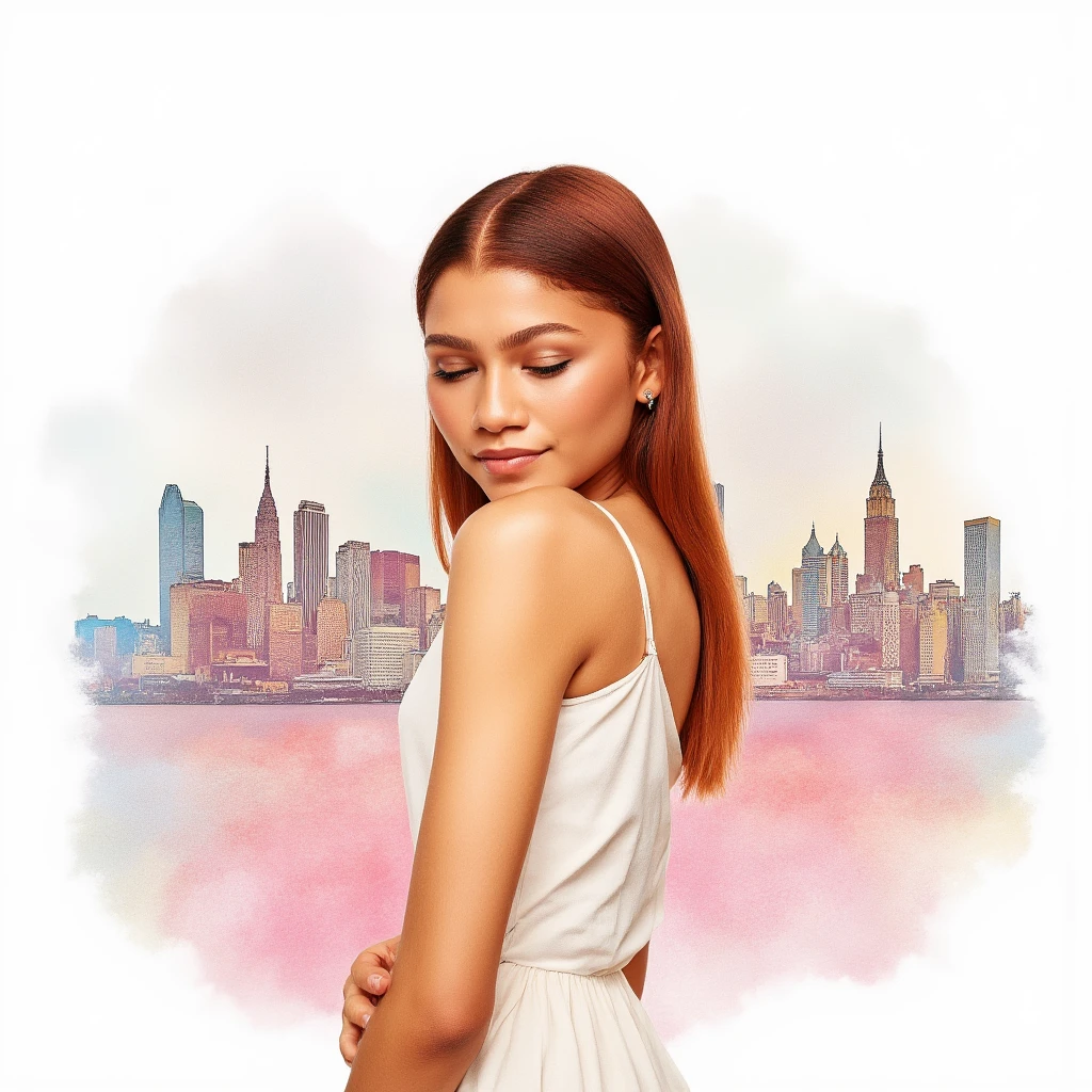 young lady, (slim:1.3), elegant simplicity, minimal detailing, limited vibrant color palette, serene expressions, peaceful introspection, watercolor metropolis background, subtle washes of pastel colors, modern Nordic design, understated elegance, simplicity and purity, tranquil atmosphere, digital painting, ultra fine.