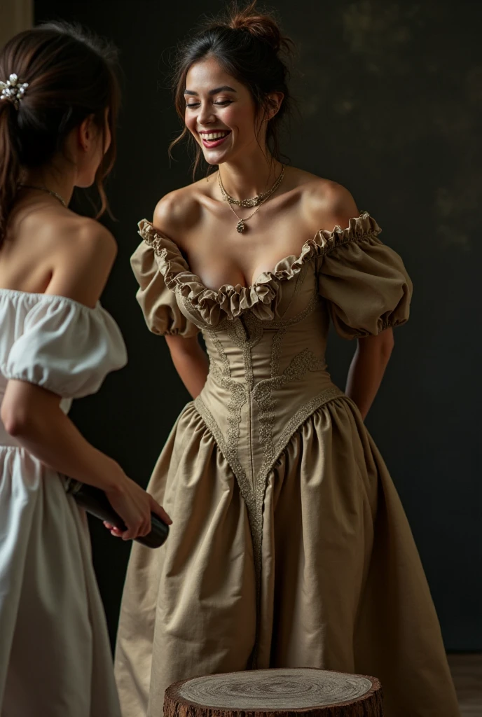 A realistic photograph close up, cheerful, of a stunning smiling model with a messy hair bun, the model is wearing a shiny high neck victorian dress without a zipper, and with huge puff sleeves, and a very high stiff stand-up collar with a big ruffle on the top, the model has her arms behind her back, the model is bend down on the floor, two females force the model bowing over and putting her head down on a wooden chopping stump standing before her, with a third female who is holding a huge cleaver standing close