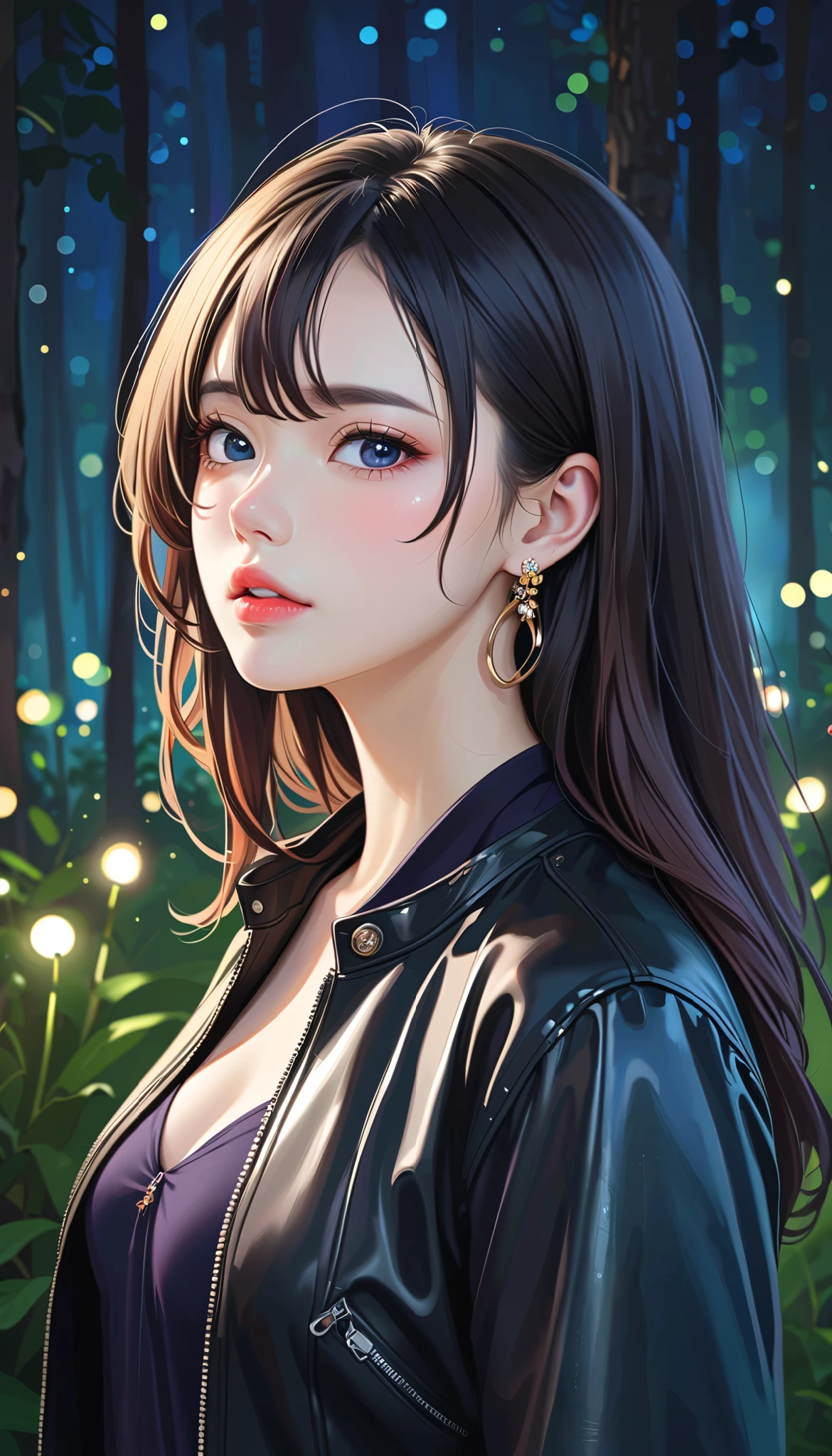 a woman, alone, Chest, Viewer, blue eyes, simple background , (fireflies with bokeh lights in a forest background ay night, beautiful) , Jewelry, medium Chest, Shut up, black hair, jacket, upper body, earrings, From the side, open jacket, Lips, black jacket, compensate, earrings, ear earrings, leather, leather jacket,style: On the road, 1 woman, (beautiful woman)