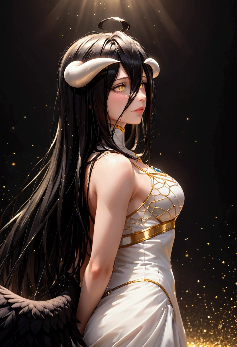 A high resolution, Sharp focus, Pixiv masterpiece, ((Intricate details)), Highly detailed, 1girl, Black wings, Gold-white dress, White horns, Albedo_Overlord, Black hair, (Low wing,:1.1), Upper body, black background, gold dust, gold sparks, gold particles, ((arms behind back)), 