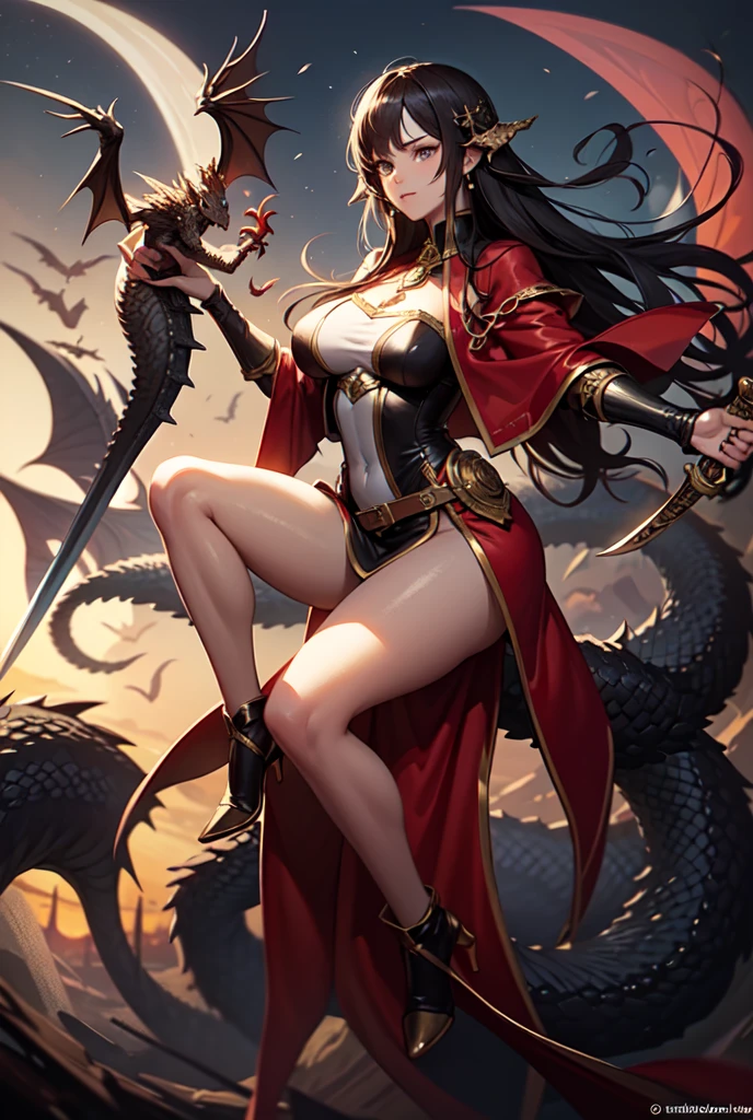 The realistic representation of the chess  queen anthropomorphic features and armed with a sword and medieval armor, heroic pose, with legs female crosier riding a dragon