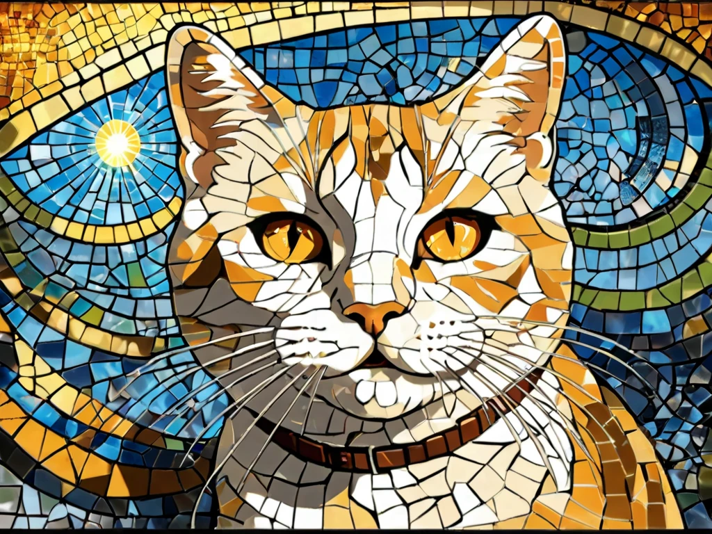 Portrait of cat adventurer ,radiation mosaic:1.2, catch the sun:0.8, Like shards of glass that infuse warmth and energy into the space:0.4 Flash and Dance,The breed of cat is American Shorthair.