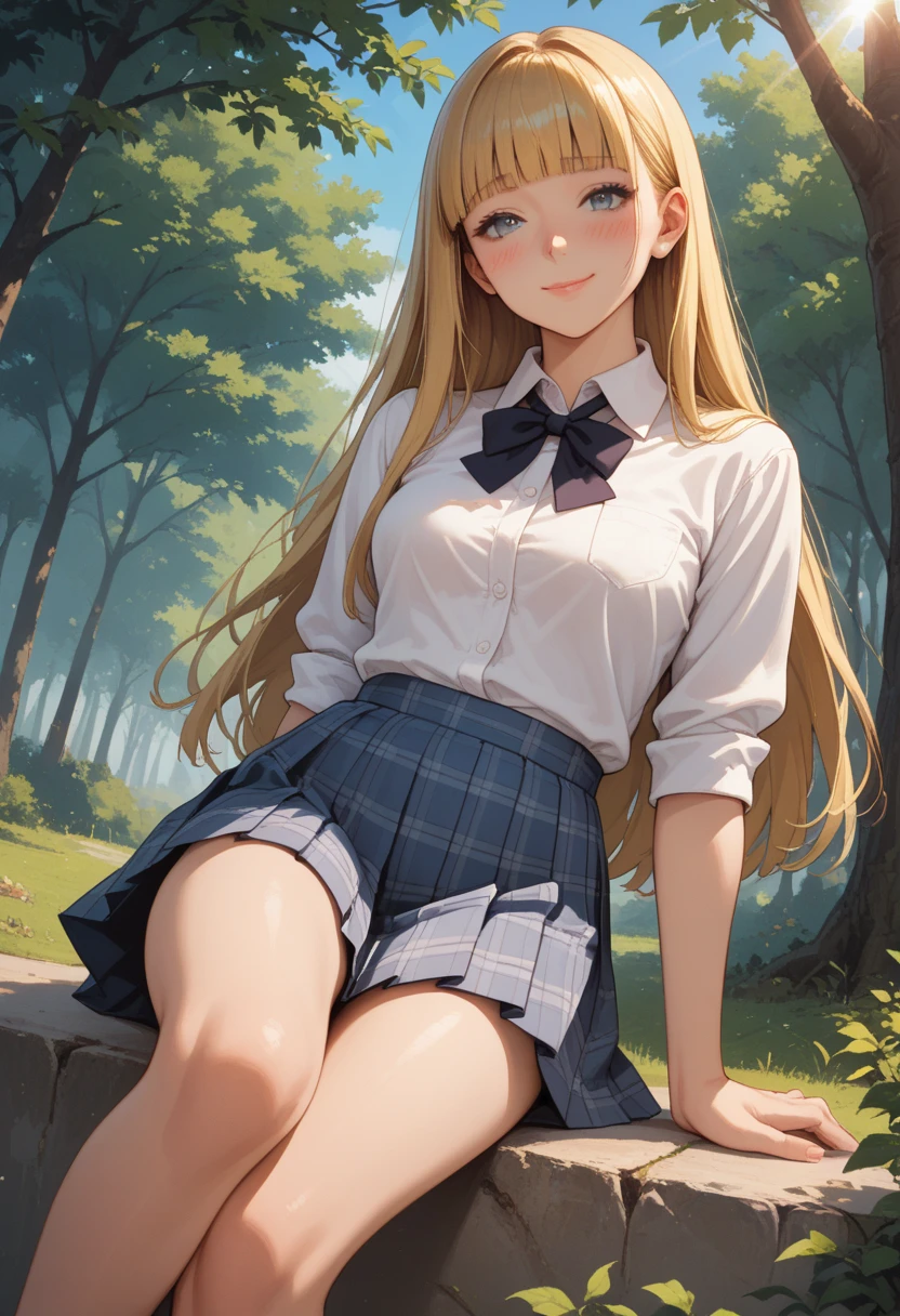 Under the blue summer sky、He is sitting with his legs spread apart, leaning against a large tree.。A student in a mini skirt is pointing at the camera and laughing。Hot summer day、Her uniform is wet with sweat and her underwear is visible.。Sunflowers in the forest