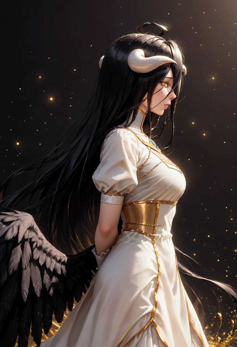 A high resolution, Sharp focus, Pixiv masterpiece, ((Intricate details)), Highly detailed, 1girl, Black wings, Gold-white dress, White horns, Albedo_Overlord, Black hair, (Low wing,:1.1), Upper body, black background, gold dust, gold sparks, gold particles, ((arms behind back)), 