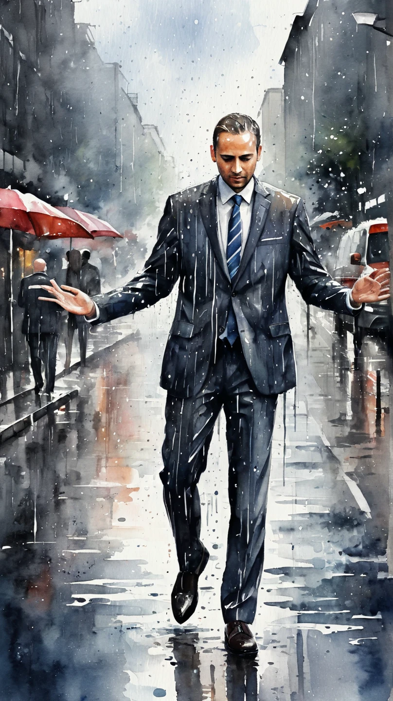 watercolor painting of a man in suit in the rain. full body shot of the man who is soaked under the rain. he tilts his head up to face the rain, the rainwater flows down his face. he is walking in the street, holding his hands out to feel the rain. watercolor brushes stroke painting style. the sky is dark.