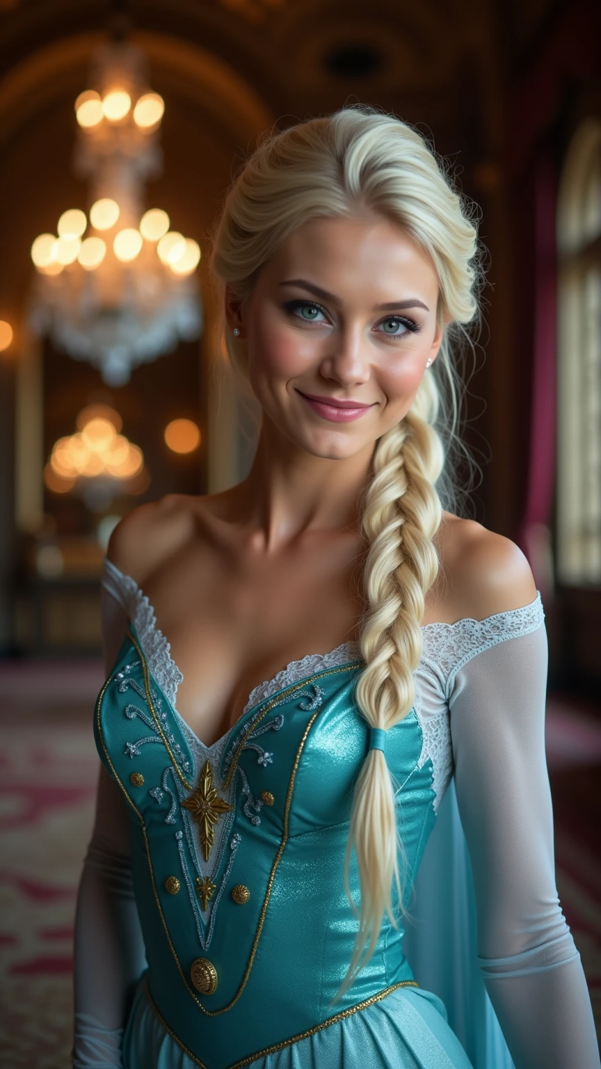 A stunning low angle portrait of Anna Kournikova as Elsa smiling , she is sexy , queen of arendelle, young and beautiful, hyper realistic, real portrait, backlit, exquisite features, cleavage, sexy, seductive, interior or an ornate castle ballroom with high ceilings, show skin, blue eyes, exposed bum