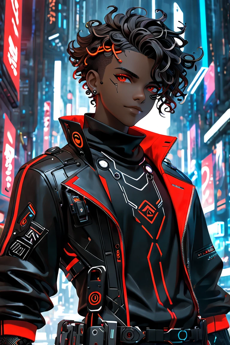 3D-rendered character in the style of Arcane, with a detailed cyberpunk aesthetic. The character is a young male with a slim build, dark brown skin, and striking two-toned curly hair: the left side is completely white, and the right side is completely black. His medium-length curls are messy, natural, and fall slightly over his forehead, emphasizing the sharp contrast between the black and white halves. He wears a sleek black blindfold over his eyes and has a confident, subtle smile. His outfit is cyberpunk-inspired, featuring a stylish black and red high-collar jacket with glowing red neon accents, layered with a futuristic black turtleneck. The clothing includes intricate metallic and tech-like details, enhancing the modern cyberpunk feel. The character is positioned facing forward, with no background, allowing for a clean and focused view of the design. The art style resembles cinematic 3D visuals with high-detail textures, dramatic lighting, and cyberpunk color tones, with special attention to the vibrant and contrasting hair design.