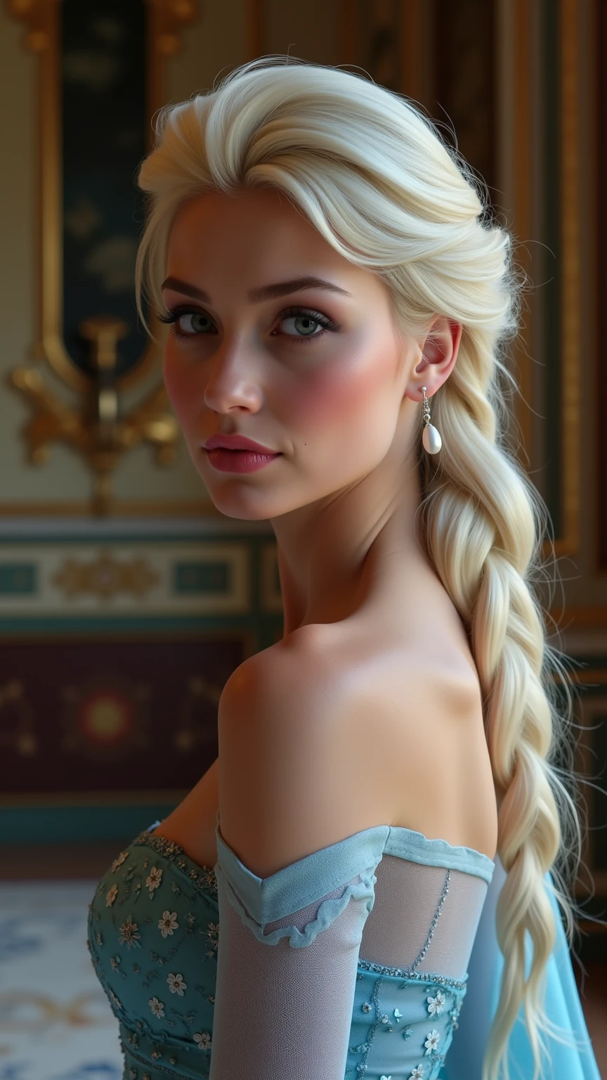 A stunning side profile portrait of Anna Kournikova as younger Elsa, she is sexy , queen of arendelle, young and beautiful, hyper realistic, real portrait, backlit, exquisite features, cleavage, sexy, seductive, interior or an ornate castle ballroom with high ceilings, show skin, blue eyes, she is naked, exposed breasts, puckering her lips in a soft kiss, pink lip gloss