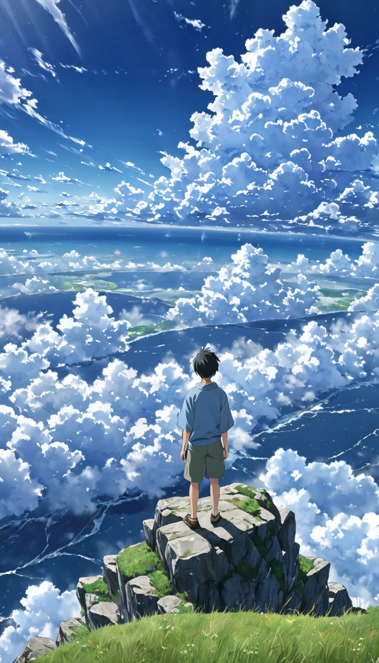 There is a sea of realistic clouds  !!!!!。，cloudy，  Anime-style textured clouds ,  a painting of a boy on the edge of an abyss !!!   watching a vast sky  , anime landscape,  inspired by the anime of the brothers beautiful scene of peace ,   realistic anime realistic anime  !!!!!!!!!   nostalgic animated art background  , Makoto Shinkai!!,   anime movie background the best of seaart hd 8k  