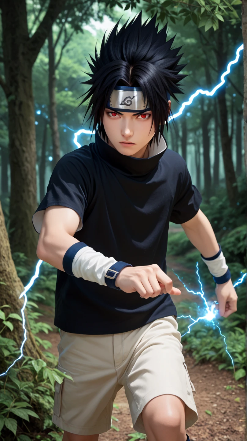 Sasuke uchiha, 1boy, solo, red eyes, black hair, short hair, spiked hair, parted bangs, forehead protector, high collar, black shirt, short sleeves, cream shorts, lightning magic, one hand in behind, forest background