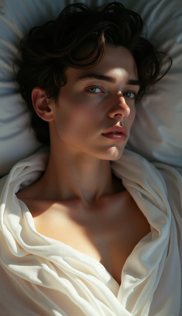 A male with teal blue eyes and long black hair with nice and delicate facial features. He is lying on a bed and wearing black gothic clothes. His torso is exposed. He looks hot, sexy and seductive. 

